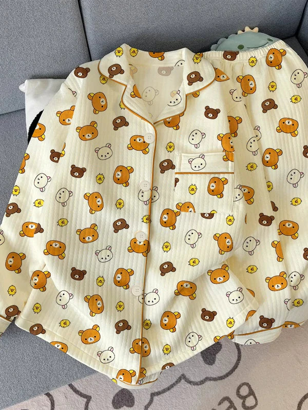 Thickened Air Cotton Sleepwear Set for Women Lazy Bear Cartoon Design Long Sleeve Long Pants Home Clothes Autumn Winter