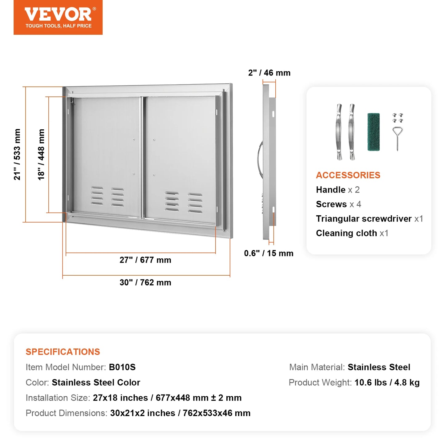 SucceBuy BBQ Access Door Double Outdoor Kitchen Door Wall Vertical Door with Handles and Ventss for BBQ Island Grilling Station