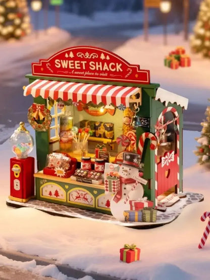 Rolife Miniature House Kit Christmas Candy Stall 170-Piece Model Kit Dolls House 3D Puzzle Mini House Christmas Decor
