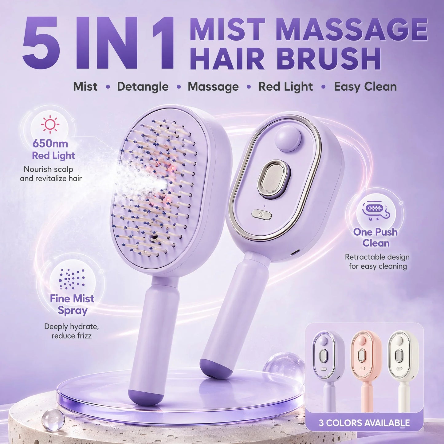 Self Cleaning Hair Brush with Mist Spray Scalp Massager Anti Frizz Detangling Comb Portable Rechargeable Hair Care Tool