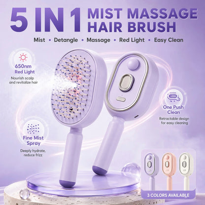 Self Cleaning Hair Brush with Mist Spray Scalp Massager Anti Frizz Detangling Comb Portable Rechargeable Hair Care Tool