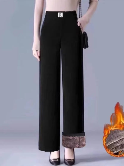 High Waist Fleece Lined Thick Wide Leg Casual Pants for Women Autumn Winter Straight Cut Versatile Comfortable Cotton Trousers
