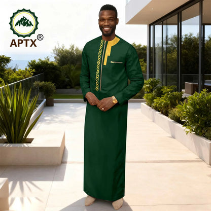 APTX Men's Traditional Muslim Robe 3-Pcs Set Long Sleeves African Dress Middle East Jubba Thobe Wedding Suit