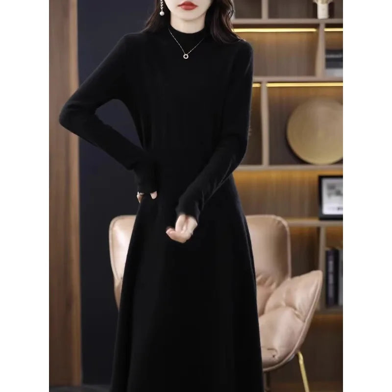 Women's Wool Knitted Mid-Length A-Line Dress Half High Collar Cashmere Base Dress Korean Style Commute Pure Color Winter Fashion