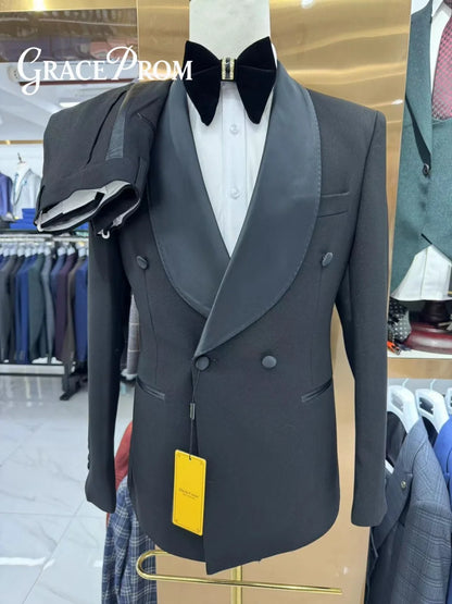 Formal Shawl Collar Men 2 Piece Set Classic Double Breasted Tuxedo Suit Fit Groom Groomsmen Classic Mens Office Suit Set