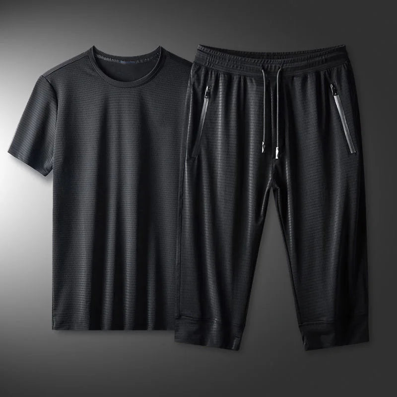 Ice Silk Men's Casual Pants Sports Set Air Conditioning Pants Quick Dry Trendy Large Size Short Sleeve T-Shirt Mesh Summer Wear
