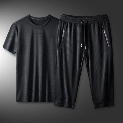 Ice Silk Men's Casual Pants Sports Set Air Conditioning Pants Quick Dry Trendy Large Size Short Sleeve T-Shirt Mesh Summer Wear