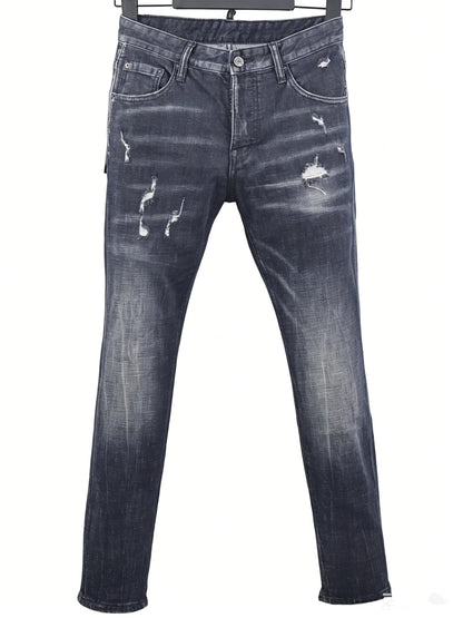 6058 Four Seasons New Men's Wash Grinding Hole Patch Paint Splash Ink Micro-bullet Leg Grey Jeans for Men