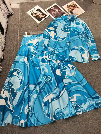 2026 Summer Women's Clothing Retro Geometric Print Lapel Long Sleeve Shirt Two-piece Set + Loose A-Line Skirt Fashion Suit