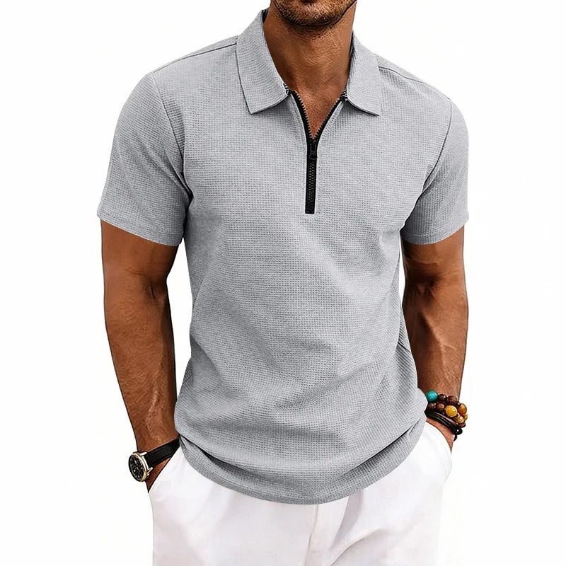 Men's Zip Polo Shirt Short Sleeve Waffle Textured Casual Top 2026