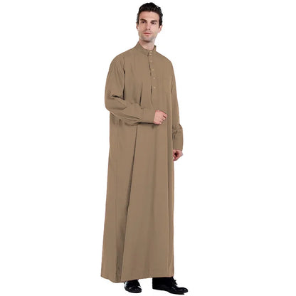 Qatar Stand Collar Polyester Men's Robe Pocket Design Loose Arab Middle East Dubai Travel Clothing
