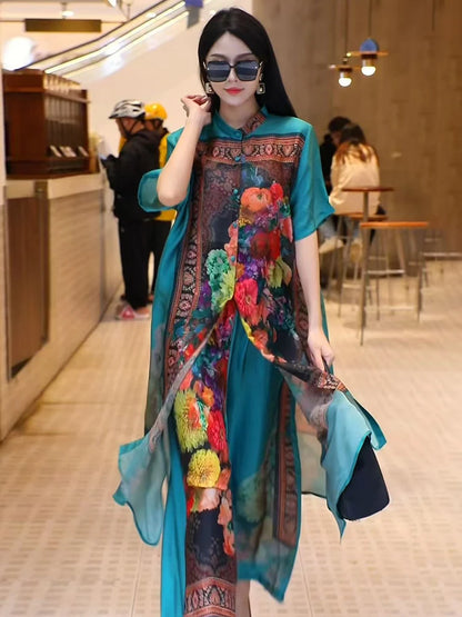 Retro Large Size Floral Print Open Cardigan Loose Wide Leg Pants Ele Faionable Two-Piece Set for Women over 35