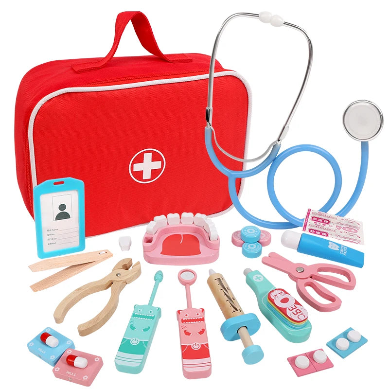 Wooden Pretend Play Doctor Educational Toys for Kids Home Play Medical Simulation Medicine Chest Set Nurse Dentist Role Play