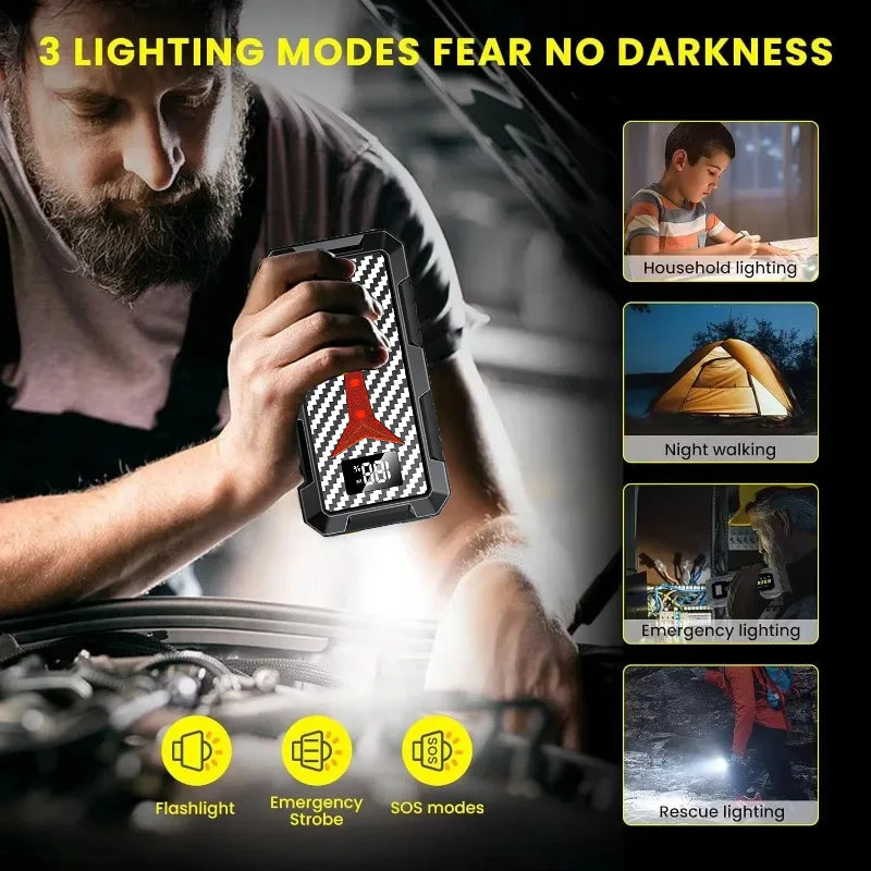 2026 New Portable Smart Jump Starter 12V Car Battery Booster  Power Bank with LED Light and Quick Charge Function work