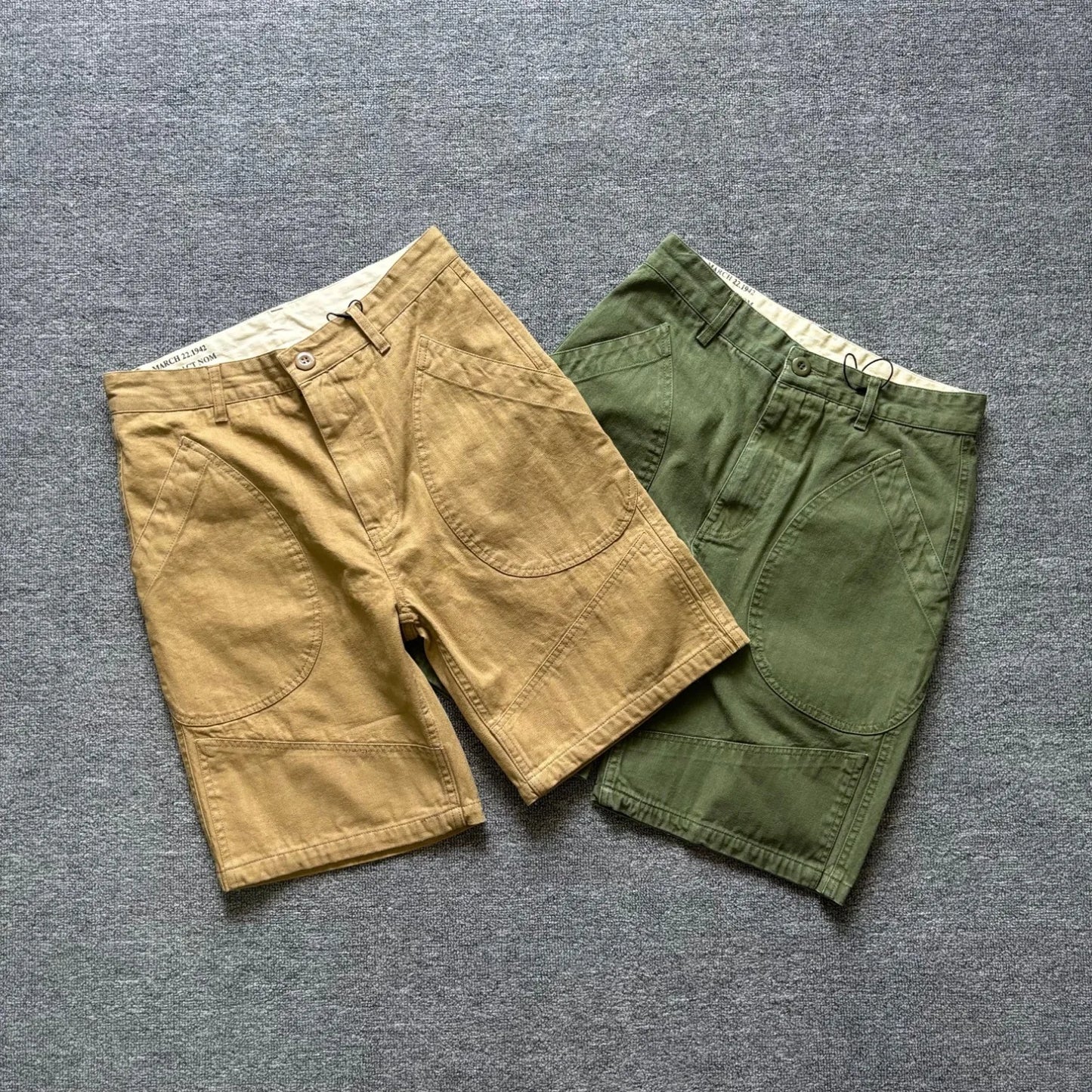 American retro herringbone pattern cargo shorts for men with large pockets, loose straight leg pants, summer casual