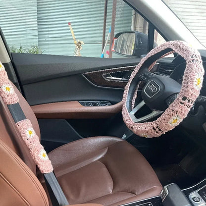 Hand Crocheted Flower Car Steering Wheel Cover Warm Anti Slip Grip Seat Belt Safe Simple Style Winter Auto Decor Accessory