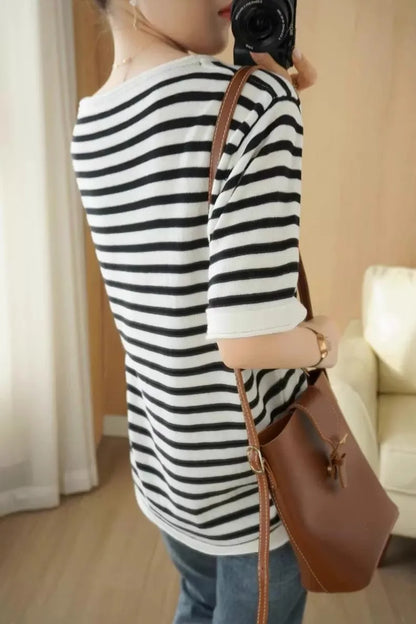 100% Pure Cotton Summer Stripe Short Sleeve T-Shirt Women Loose round Neck Vest Cotton Linen Half Sleeve Commute Style Simple