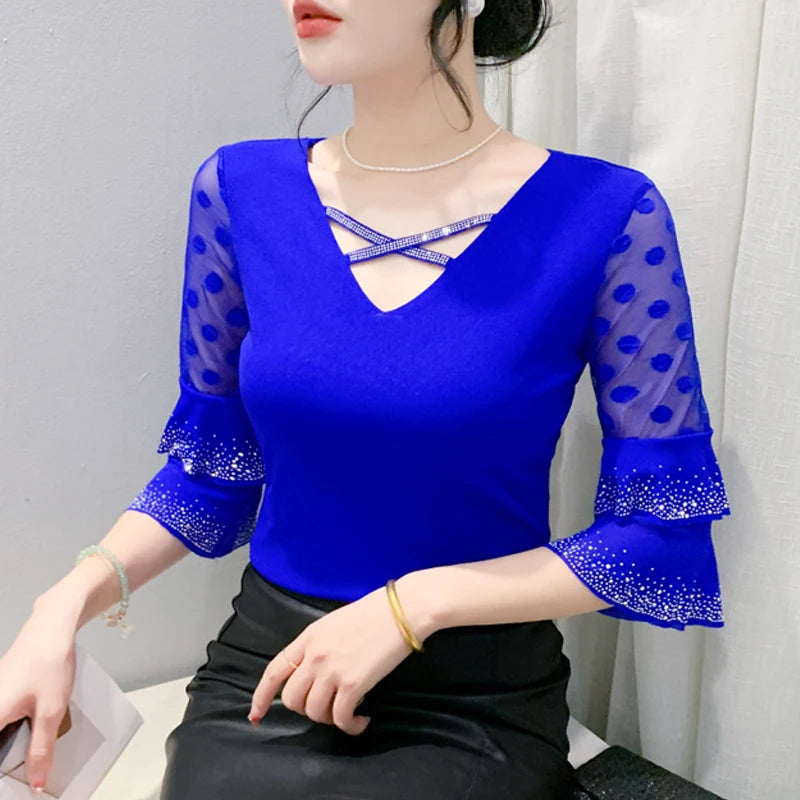2026 Spring Summer Mesh Tops Korean Fashion Diamond T Shirt Slim 3/4 Sleeve Hollow Out Casual Women Shirt