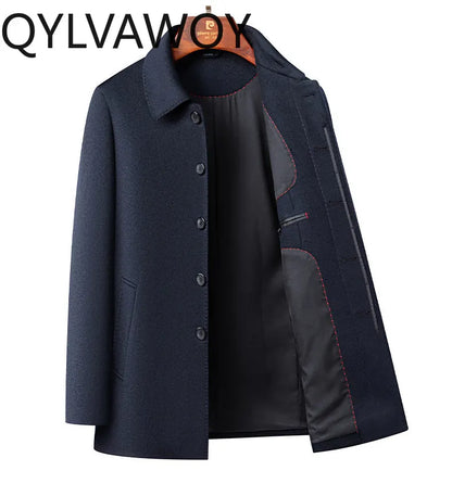 QYLVAWOY 100%Real Sheep Wool Man Jacket High Quality Spring Autumn Jackets Lapel Coat Mid-Length Clothes for Man Business Casual