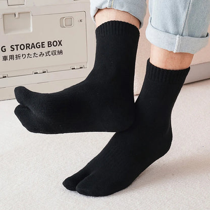 5 Pairs Winter Two Toed Tabi Socks Men's Thicken Warm Solid Color Flip Flops Sock 2 Fingers Casual Mid-tube Cotton Thermal Socks