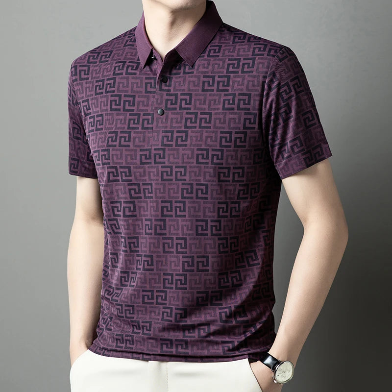 Summer Slim-Fit Men's Short-Sleeved Polo Shirt Classic Lapel Single-Breasted Placket Meander Pattern Casual Style Men's Clothing