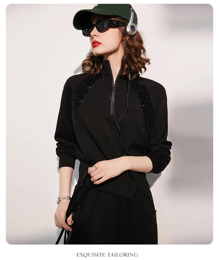 LOUIS YAO Women Two Pieces Set 2024 Autumn Stand Collar Long Sleeve Long Pants Set Sweatshirt Sporty Fashion Set