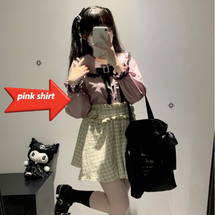 Jirai Kei Lolita Blouse Kawaii Top Women Cute Japanese Style Shirt with Bow Y2K Elegant Long Sleeve Sweet Casual Aesthetic Tops