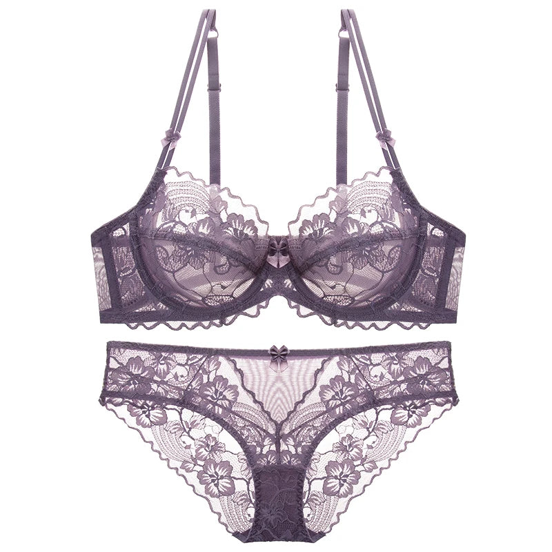 Delicate French Lace Bra Set, Sheer Minimiser Underwire for Lift, Elegant & Breathable Lingerie Large Bust MOYISU Sexy Panty Set