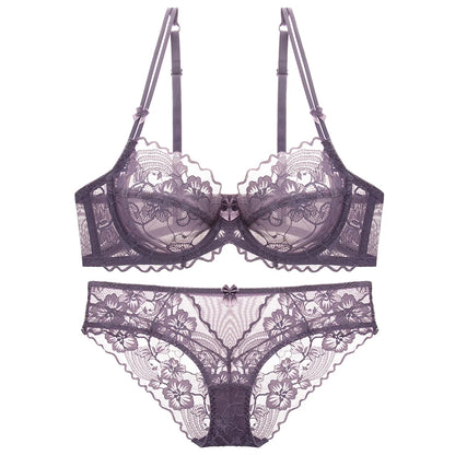 Delicate French Lace Bra Set, Sheer Minimiser Underwire for Lift, Elegant & Breathable Lingerie Large Bust MOYISU Sexy Panty Set