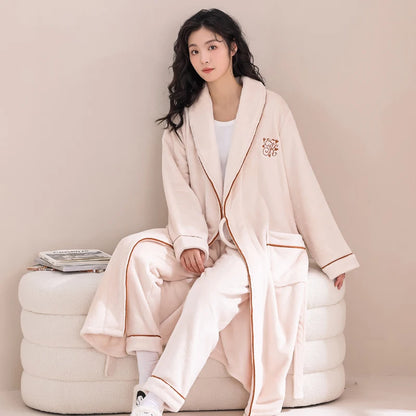 Thiened Long Coral Fce Pajamas Women's Spwear Winter Home Clothes Couple Batobes Men's plus Size Flannel Gown