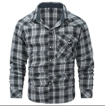 Men's Shirts Spring Flannel Long Sleeve Plaid Checkered Brushed Casual Western Cowboy Pearl Snap Shirt Popular Clothes US Size