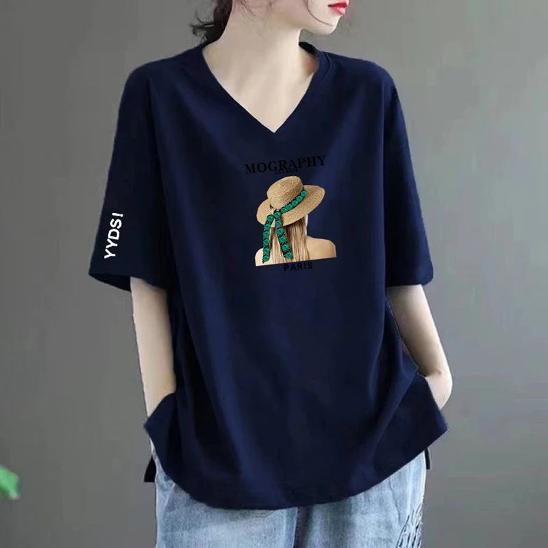 100% Pure Cotton V-Neck Short Sleeve T-Shirt Women's Loose Fashionable Printed Mom Top Trendy Korean Style Summer Wear