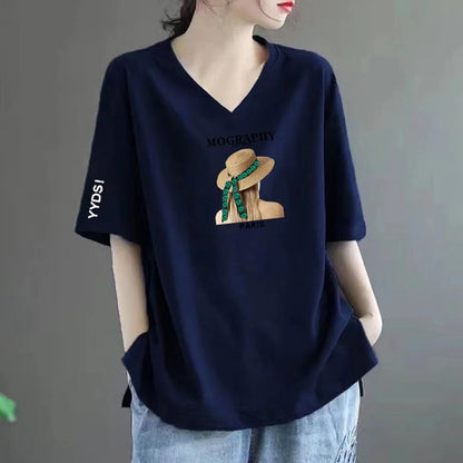 100% Pure Cotton V-Neck Short Sleeve T-Shirt Women's Loose Fashionable Printed Mom Top Trendy Korean Style Summer Wear