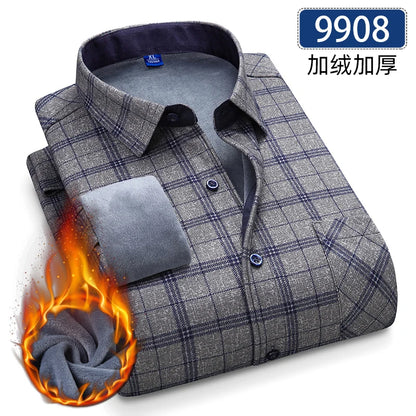 Autumn Winter Thicken Fleece Shirts For Men Business Plaid Shirt Long Sleeve Warm Clothes Male Single Pocket Classic Check Shirt