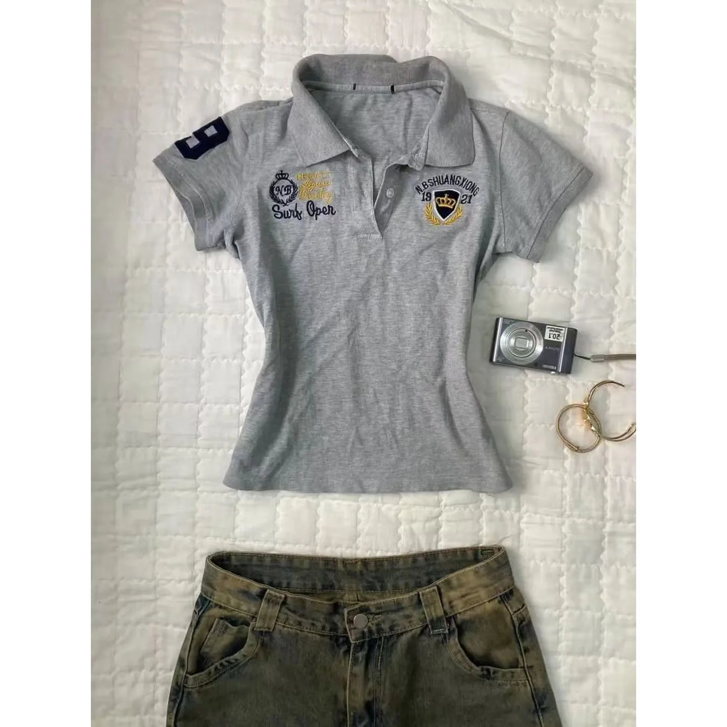 Retro American Grey  Collar Short Sleeve Slim Fit Waist Cinched T-Shirt Women Summer New Style Vintage Vintage Vintage