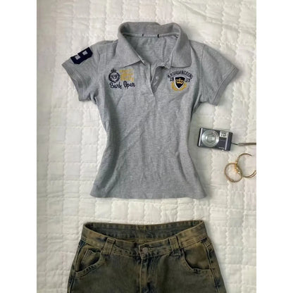 Retro American Grey  Collar Short Sleeve Slim Fit Waist Cinched T-Shirt Women Summer New Style Vintage Vintage Vintage