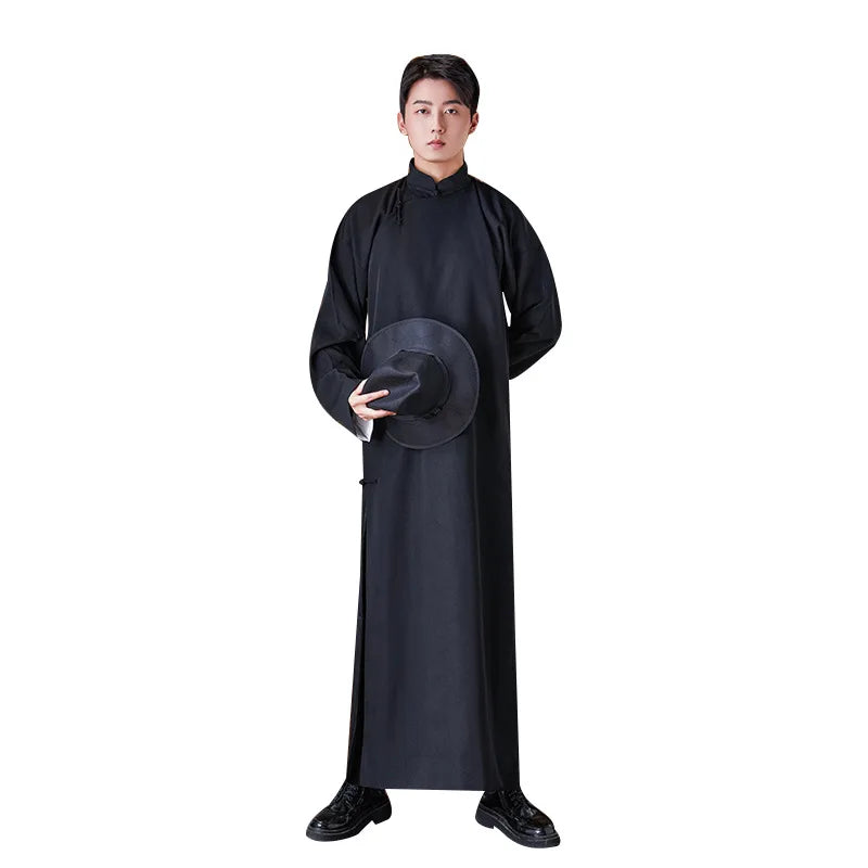 Men's Long Shirt Traditional Chinese Style Retro Fashion No Ironing Required  Groomsmen Suit Thin Shawl Collar