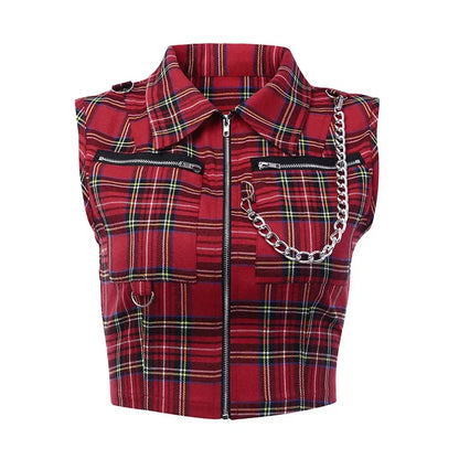 Women T-shirt Plaid Punk Streetwear Zipper Chain Plaid Female Goth Retro Hi Hop Camis Top Gothic Chic Sexy Crop Tops