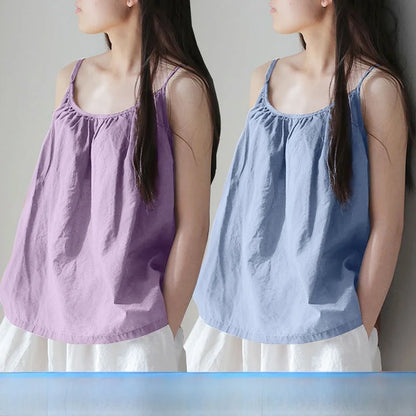 Loose Cotton Linen Tank Top Sleeveless Base Layer Outerwear Summer New Style Slimming Vest Big Size Belly Folded Commute Style
