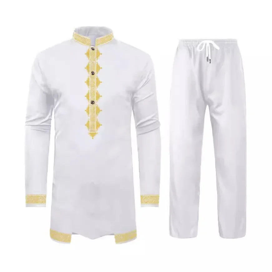 LIBIELIY New Black White Men's Suit African Ethnic Style Long Sleeve Embroidered Suit Men's Traditional Clothing 2 Pieces Luxury
