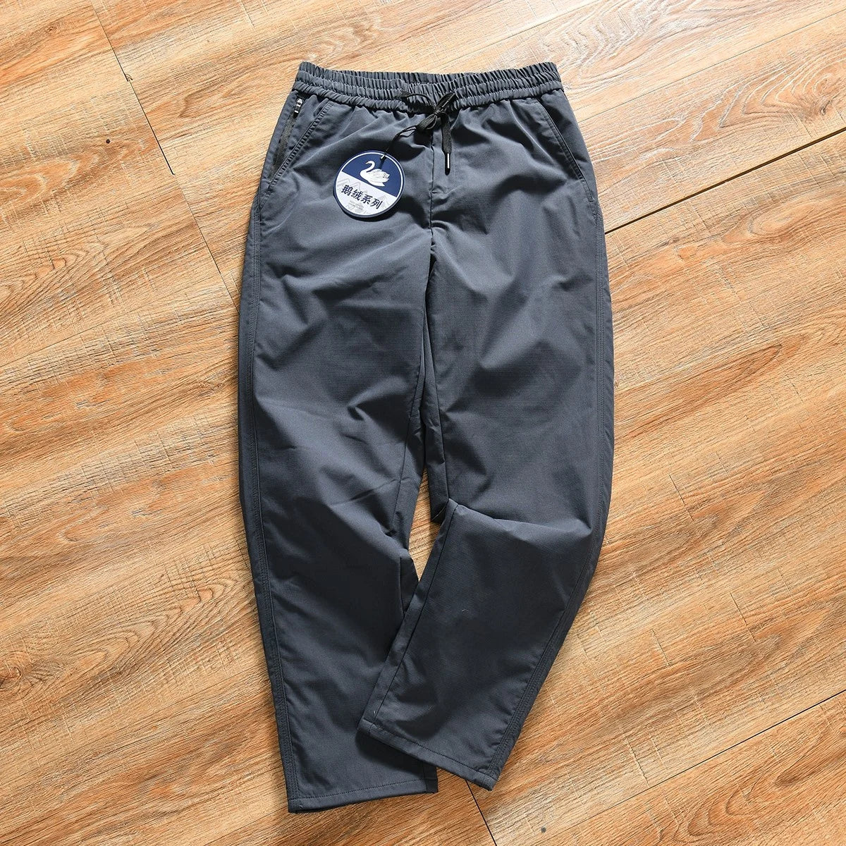 Thickened Goose down Winter Outdoor Men's Casual Elastic Waist Pants Warm Stylish Long Straight Tube Polyester Fiber Trousers
