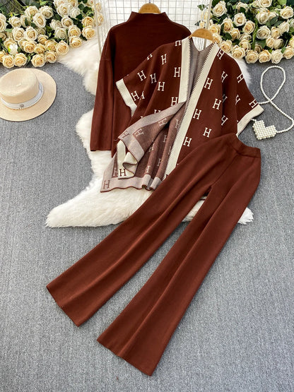 Faionable Knitted Tee-Piece Set Women's Loose Fit Autumn Winter Cardigan Embroidered Letter Sweatirt Wide Leg Pants