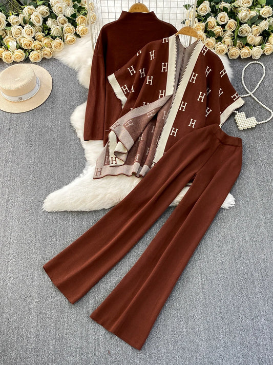 Faionable Knitted Tee-Piece Set Women's Loose Fit Autumn Winter Cardigan Embroidered Letter Sweatirt Wide Leg Pants