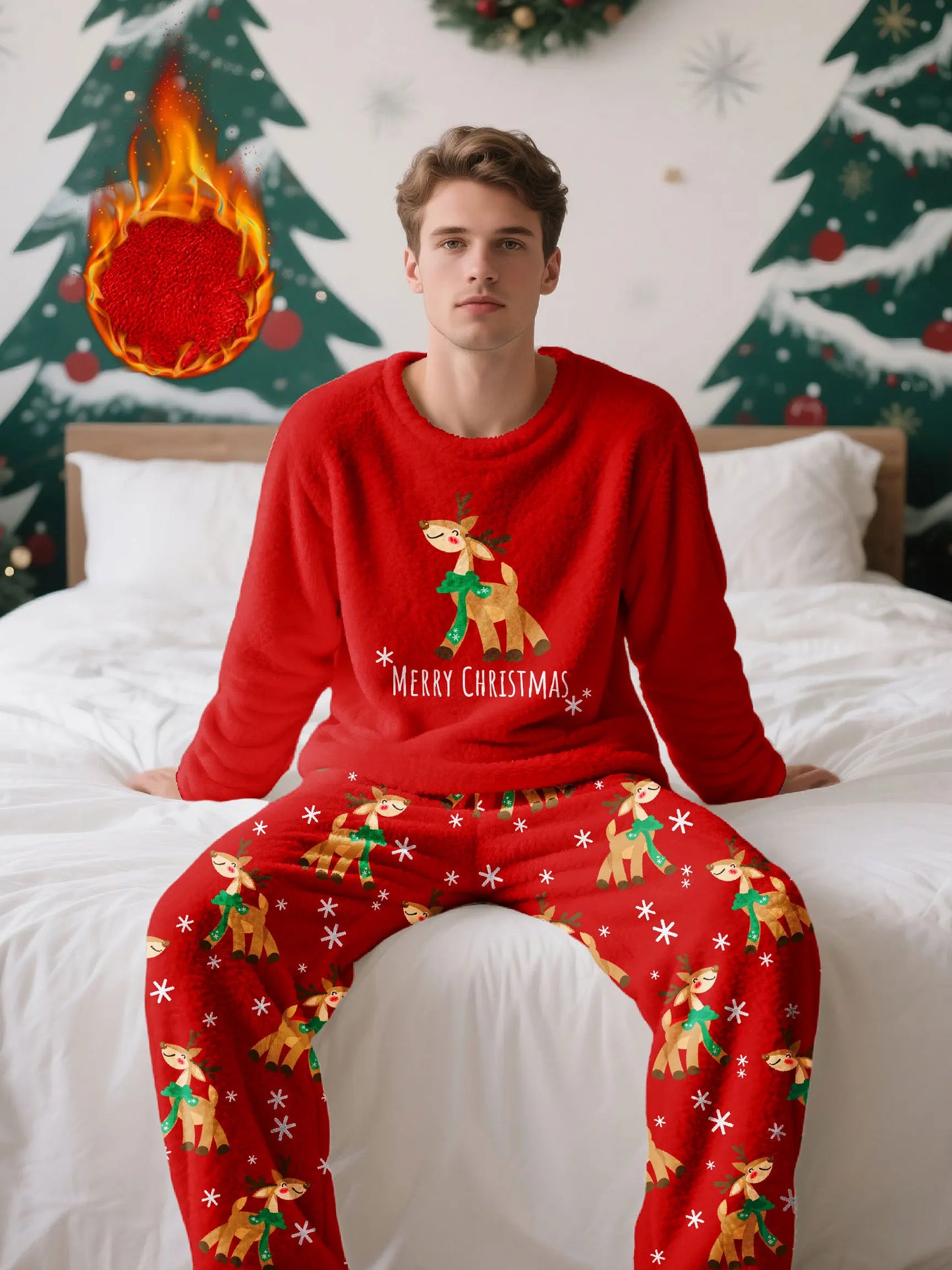 Men's Christmas-themed fleece pajama set, featuring a long-sleeve top and matching pants, comfortable and casual loungewear