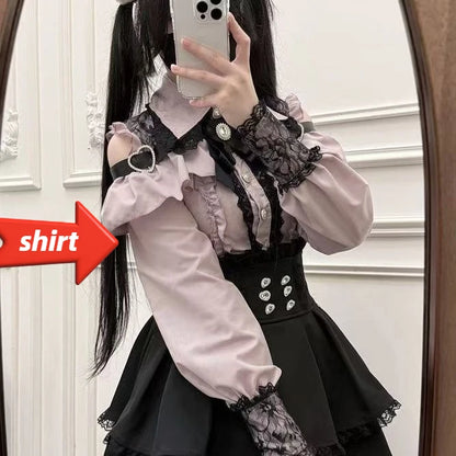 Jirai Kei Lolita Blouse Kawaii Top Women Cute Japanese Style Shirt with Bow Y2K Elegant Long Sleeve Sweet Casual Aesthetic Tops