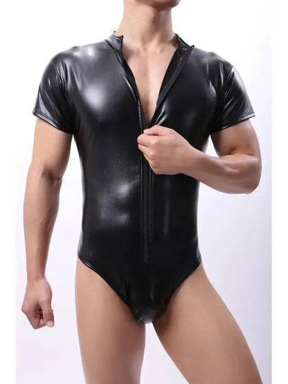 New Short Sleeve Shiny Faux PU Leather Bodysuit Men Front Zipper Tshirt Tights Hot Shapers Sexy Body Teddies Leotard Unitard