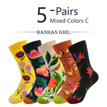5 Pairs New Arrivals Combed Cotton Women Socks Unisex Cute Floral Styles 8 Color Happy Funny Casual Female Breathable Crew Socks