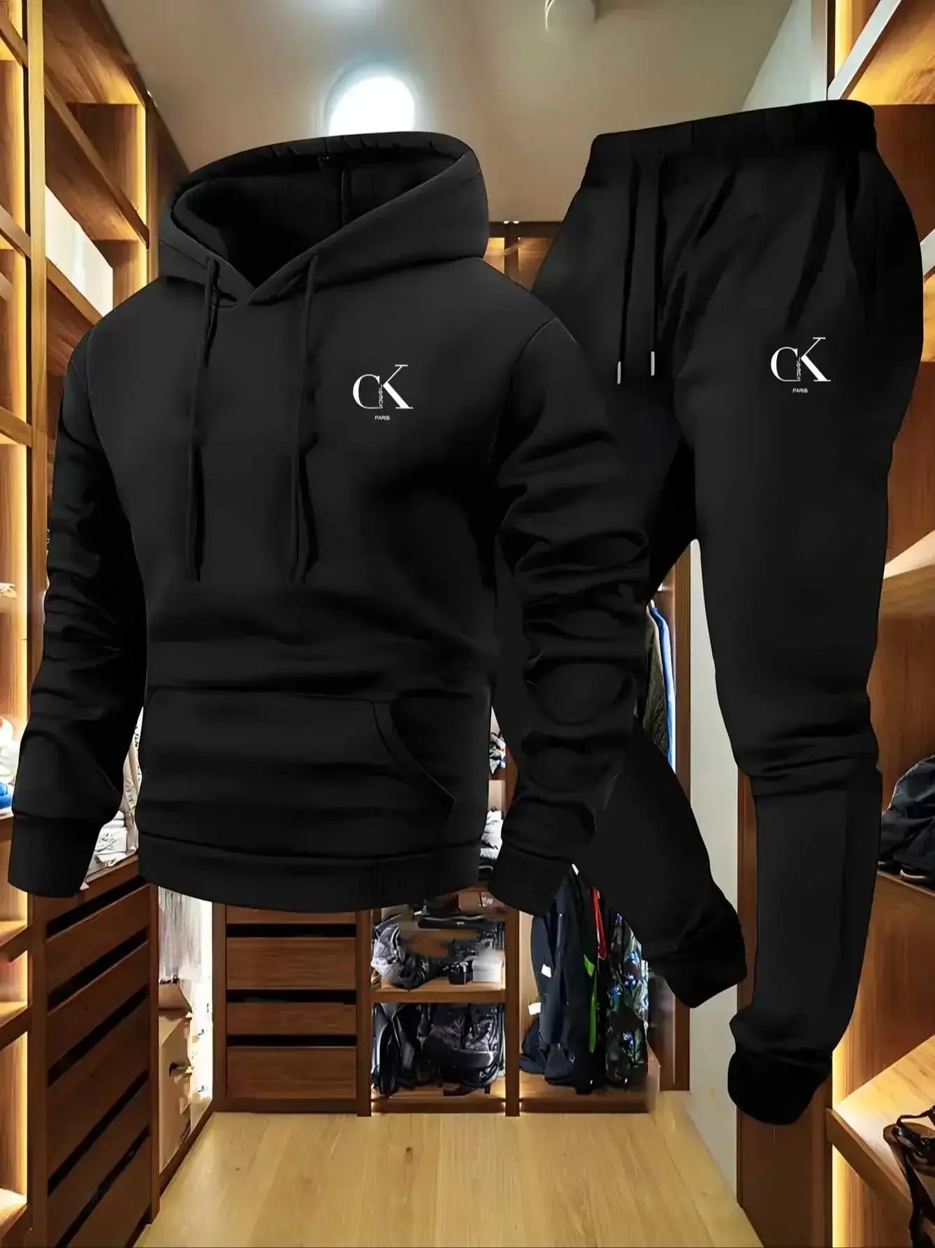 The 2025 men's printed hooded sweater and sports pants set with a casual grey pocket home wear is suitable for spring and autumn
