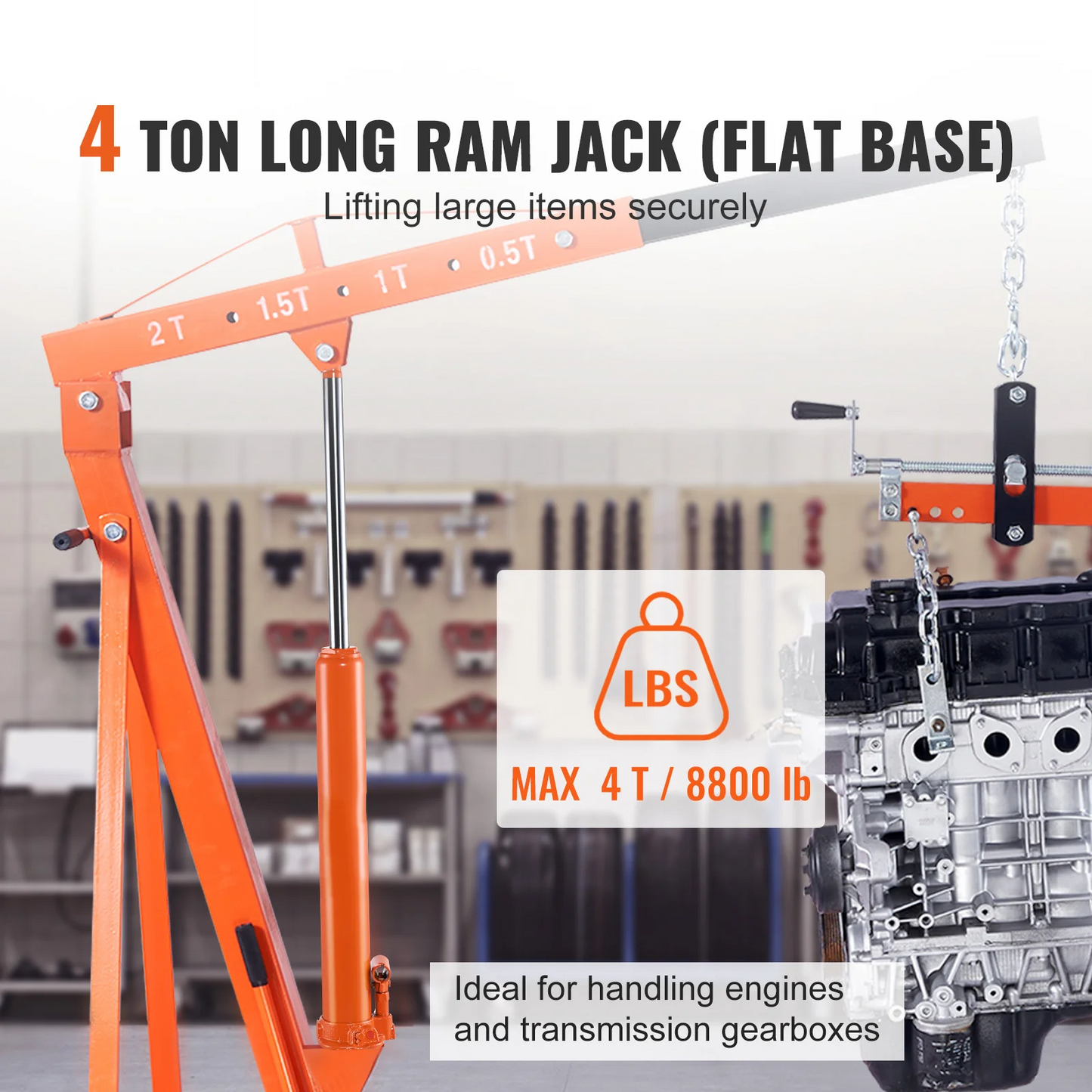 SucceBuy Hydraulic Long Ram Jack 4 Ton Engine Hoist Cylinder with Single Piston Pump Hydraulic Ram Cylinder Engine Lift Hoists