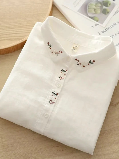 Elegant Embroidered Flower Doll Collar Double Layer Cotton Baby White Shirt Women Long Sleeve Base Shirt Trendy Commute Style...